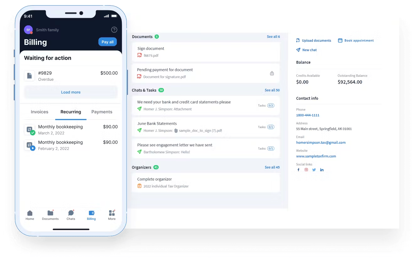 TaxDome's client portal on mobile and desktop.