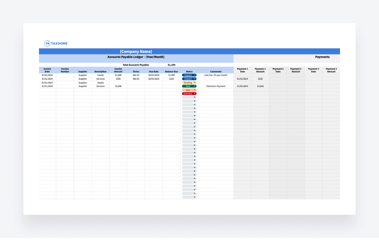 An accountant payable ledger template provided by TaxDome