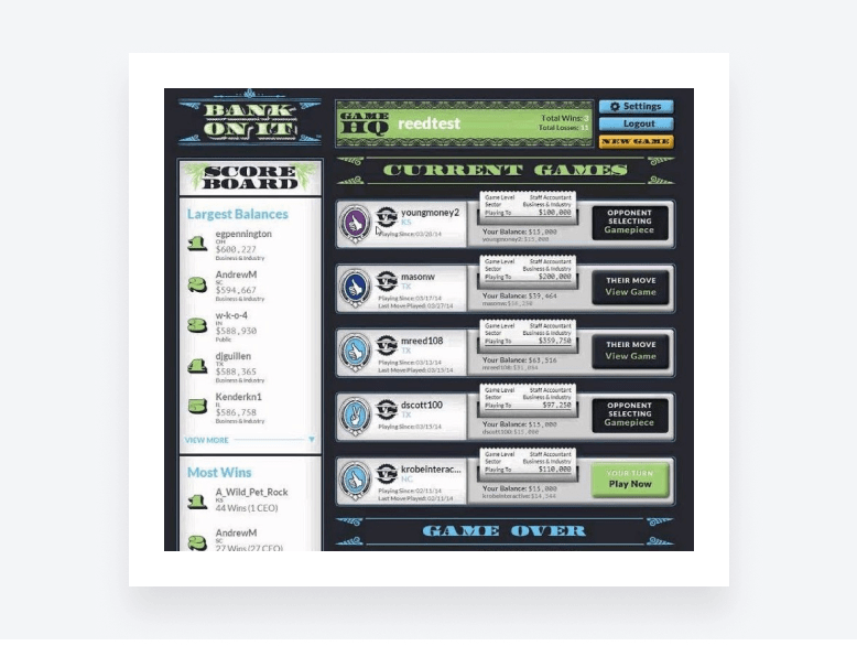 Bank On It scoreboard displays current games and largest balances.